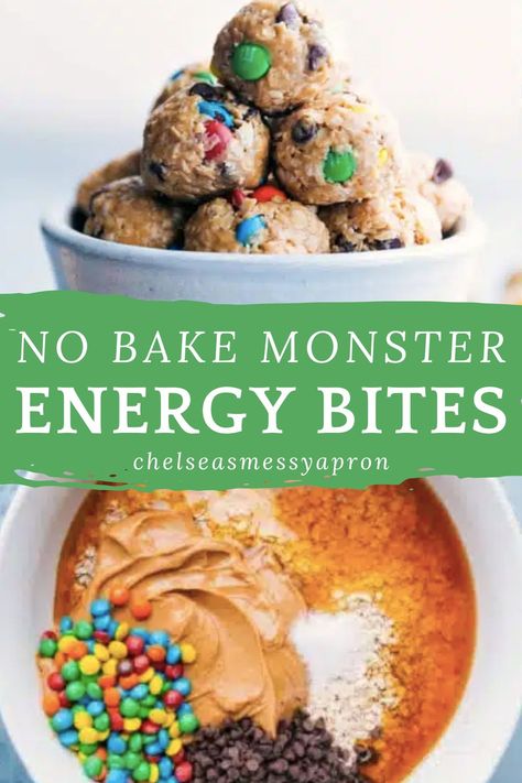 Monster Energy Balls are like channeling your favorite peanut butter-packed, M&M-filled Monster Cookies into a more nutritious snack — an energy bite! #snack #best #quick #easy #simple #treat #toddlerfriendly #kidfriendly #energybites Monster Peanut Butter Balls, M&m Energy Balls, Monster Protein Energy Balls, Monster Energy Balls, Energy Bite, Sports Snacks, Toffee Chips, Energy Ball Recipe, Peanut Butter Honey