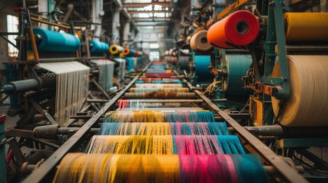 Textile Factory Colors: Vibrant threads of myriad colors align meticulously in an industrial textile factory, exhibiting the beauty of manufacturing. #textile #factory #machinery #vibrant #colors #aiart #aiphoto #stockcake ⬇️ Download and 📝 Prompt 👉 https://ayr.app/l/aT9A Fashion Manufacturing Factory, Textile Industry Illustration, Sweatshop Factories, Textile Industry Factories, Fabric Factory, Textile Factory, Air Pollution From Factories, Textile Industry, Colour Images