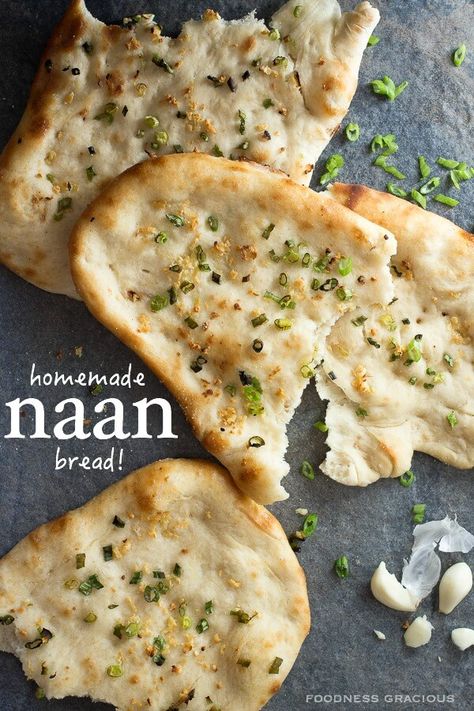 Soft and chewy naan bread with chunks of garlic and green onions Naan Garlic, Homemade Garlic Naan, Garlic Breads, Garlic Naan Bread, Homemade Naan, Homemade Naan Bread, Chewy Bread, Bread Soft, Garlic Naan