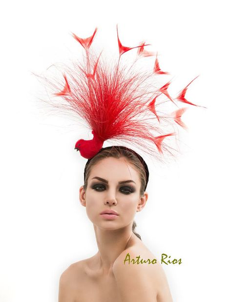 Red Bird Fascinator, Red headpiece, couture hat, Melbourne cup fascinators, Red Hat, Derby hat Bird Fascinator, Red Headpiece, Mad Hat, Victoria Secret Models, Couture Hats, Crazy Hats, Kentucky Derby Hats, Cocktail Hat, Hat Ideas