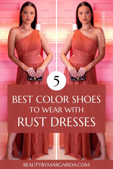 Not sure what color shoes to wear with a rust dress? Check out our guide to find the perfect shoes to complement your rust dress, whether for a wedding or a laid-back party! Shoes For Rust Colored Dress, Rust Dress Accessories, Fall Bridesmaid Shoes, Wedding After Party Outfit Guest, Rust Dress Outfit Wedding, Rust Color Dress Outfit, Sienna Color Dress, Rust Brown Dress, Wedding After Party Outfit