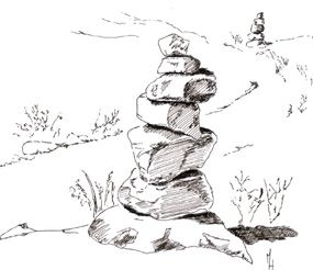 Artists image of a rock cairn. You will find many hiking trails marked with rock cairns.  Locating cairns may be difficult at first; look for rock piles or stacks.  PLEASE DO NOT BUILD NEW CAIRNS! Pile Of Rocks Drawing, Stacked Rocks Drawing, Rock Stacking Art, Cairn Drawing, Cairn Tattoo, Trail Drawing, Hiking Drawing, Rock Cairns, Tree Drawings