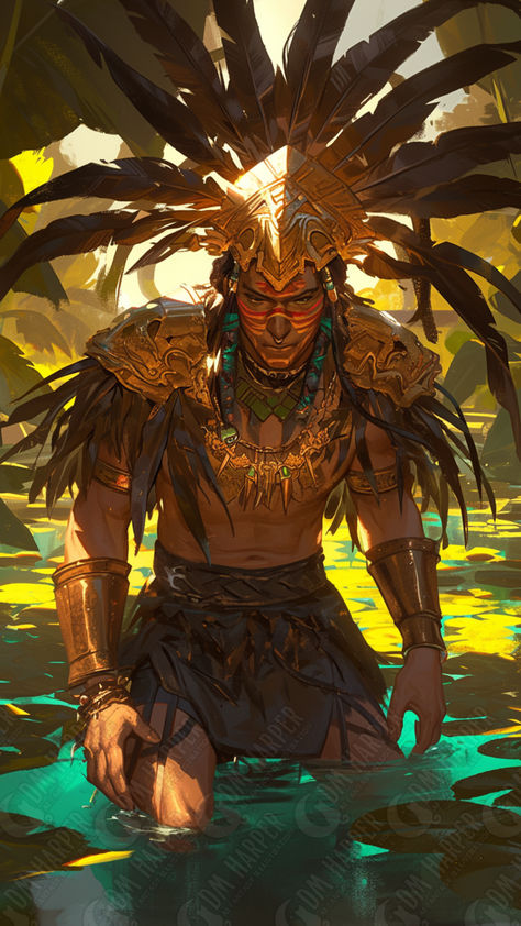 Aztec Eagle Knight - Lago de Texcoco Aztec Magic, Kukulkan Art, Jungle People, Aztec Monster, Aztec Soldier, Aztec King, Mesoamerican Aesthetic, Aztec Buildings, Mayan Mythology