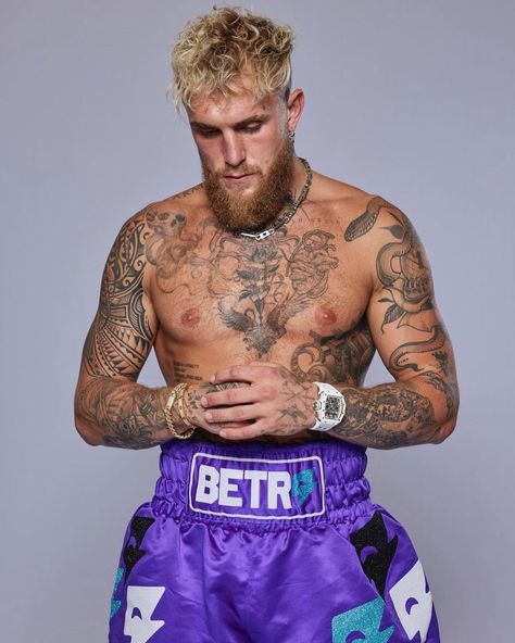 Jake Paul Hair, Jack Paul, Boxing Tattoos, Richest Actors, Nate Diaz, Body Suit Tattoo, Men Hair Color, Baseball Print, Mma Training