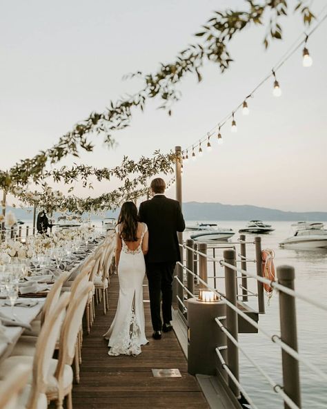 Junebug Weddings on Instagram: “Vows on the shores of Lake Tahoe, dinner on the dock, and a “just married” boat ride––need we say more!?? 🙌 Hit the “on the blog” link in…” Water Front Wedding, Lake Tahoe Wedding Venues, West Coast Wedding, Unique Wedding Photography, Indie Wedding, Lake Tahoe Wedding, Outdoor Wedding Inspiration, Lake Tahoe Weddings, Waterfront Wedding