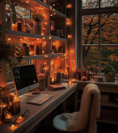 Autumn Mood Board, Cozy Desk, Cozy Office, Cozy Home Office, Hobby Room, Cozy Room Decor, Home Office Setup, Fall Aesthetic, A Desk