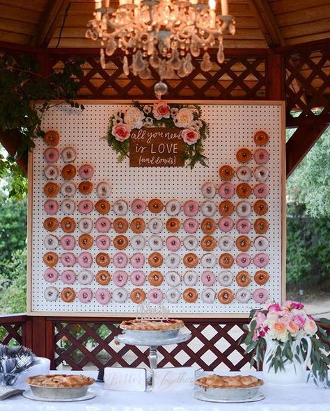 All You Need Is Love (And Donuts) Donut Pegboard, Donut Wall Wedding, Donut Walls, Donut Display, Wedding Donuts, Donut Bar, Rustic Wedding Decorations, Donut Wall, Wedding Wall