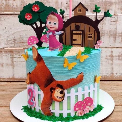 Masha Cake, Bee Birthday Cake, Cartoon Birthday Cake, Marsha And The Bear, Baby First Birthday Cake, Bear Cake Topper, Girly Cakes, Bear Birthday Party, 2 Birthday Cake