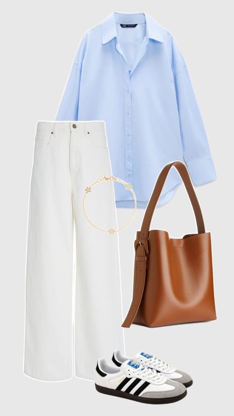 Blue Shirt White Pants Outfit, Stylish Outfits Casual, White Pants Outfit, Look Adidas, Casual Work Outfits Women, Everyday Fashion Outfits, Casual Day Outfits, Classy Work Outfits, Stylish Work Outfits