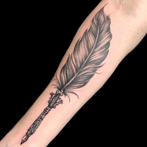 Feather Quill Tattoo, Quill Pen Tattoo, Feather Pen Tattoo, Quill Tattoo, Scroll Tattoos, Pencil Tattoo, Feather Tattoo Meaning, Behind Ear Tattoos, Pen Tattoo