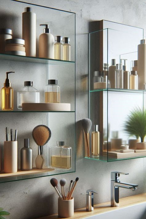 Create an illusion of space with these sleek floating glass shelves. Perfect for displaying your favorite toiletries in style! #ModernBathroom #StorageSolutions Display Shelves For Collectables Bathroom, Bathroom Glass Shelves Under Mirror, Bathroom Floating Shelves Glass, Glass Shelves In Bathroom Brushed Nickel, Glass Bathroom Shelves, Floating Glass Shelves, Modern Glass, Glass Shelves, Modern Bathroom