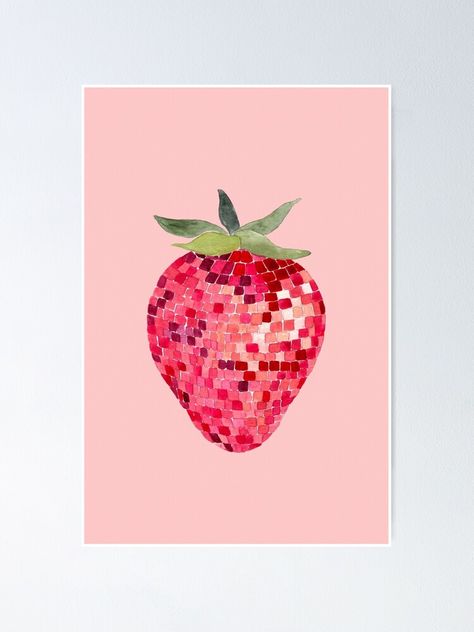 Disco Ball Strawberry, Strawberry Painting Easy, Disco Strawberry, Strawberry Poster, Diy Posters, Strawberry Painting, Strawberry Drawing, Cherries Painting, Coffee Art Print