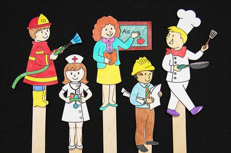 Community Helper Stick Puppets | Kids' Crafts | Fun Craft Ideas | FirstPalette.com Community Helpers Unit, Community Helpers Theme, خريطة ذهنية, Community Helpers Preschool, Theme Board, Community Workers, People Who Help Us, Fun Craft Ideas, Community Helper