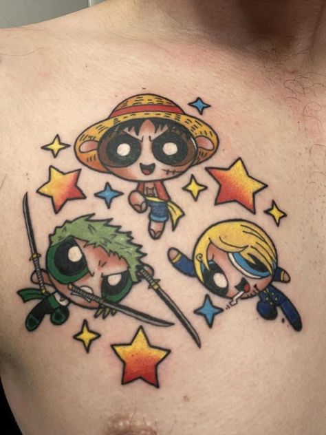 4lifers Tattoo, Power Puff Girls Tattoo, Trio Tattoos, Bro Tattoos, Monster Trio, One Piece Birthdays, Power Puff Girls, Cute Tats, One Piece Tattoos