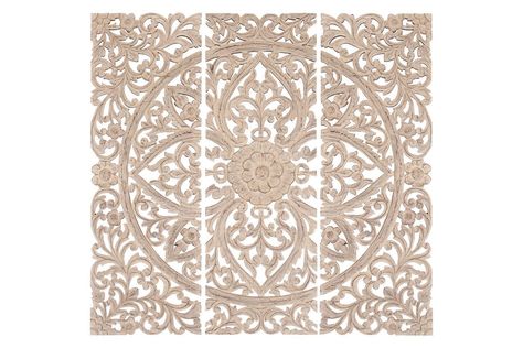 Updated Traditional Carved Wall Panels in Antique White (Set of 3) by UMA from Gardner-White Furniture Wall Medallion Decor, Wall Panels Design, Carved Wood Wall Panels, Wood Panel Wall Decor, Carved Wall Decor, Panels Design, Wall Medallion, Mandala Wood, Wood Wall Panel