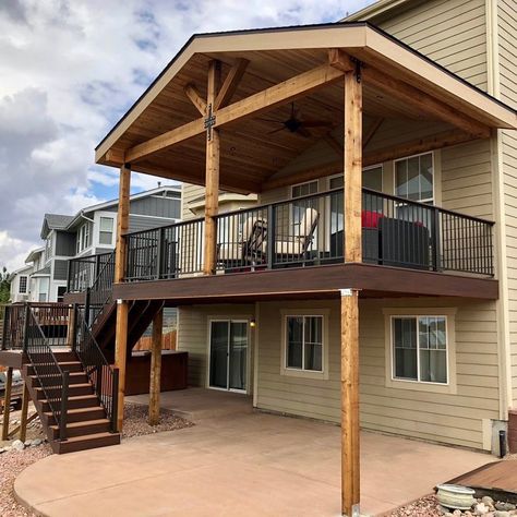 Split Foyer Back Deck, Lookout Basement Deck, Tall Porch Ideas, Second Story Deck Ideas On A Budget, 2nd Story Deck Off Back Of House, Upper And Lower Deck Ideas, Wrap Around Decks And Porches, Second Level Deck Ideas, Covered Deck Off Back Of House