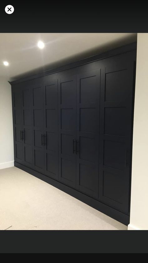 Black Built In Wardrobe, Sunroom Closet, Black Cupboards Bedroom, Black Wardrobes, Master Wardrobe, Dressing Room Decor, Ikea Pax Wardrobe, Crown Moldings, Bedroom Cupboards