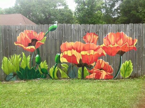 Flowers that never die in the backyard.  Mural by Lori Anselmo Gomez in Pearl River, LA Fence Murals, Painted Fences, Garden Mural, Flowers Painted, Fence Art, Fence Paint, Backyard Fences, Garden Fencing, Garden Fence