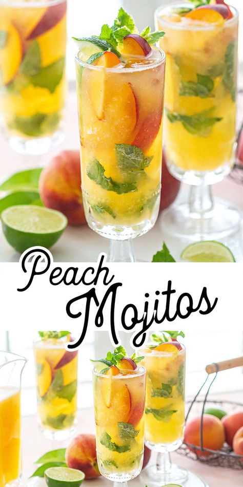 peach mojitos Peach Mojito, Mojito Drink, Drinks Juice, Fat Burning Tea, Cocktail Drinks Alcoholic, Summer Eats, Mojito Cocktail, Mojito Recipe, Seasonal Produce