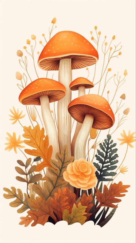 Autumn Mushrooms Illustration, Fall Mushroom Painting, Fall Mushroom Art, Mushroom Asthetic Wallpers, Mushrooms Aesthetic Art, Hongos Art, Mushroom Phone Wallpaper, Mushroom Paintings, Vintage Mushroom Art