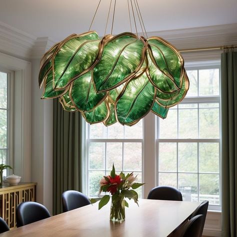 Leaf Ceiling Light, Leaf Ceiling Design, Woodland Retreat, Leaf Chandelier, Lilly Pad, Glass Houses, Glass House, Green Aesthetic, Ceiling Design