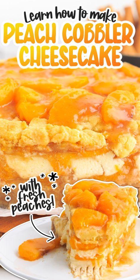 This peach cobbler cheesecake is layered with fresh juicy peaches, a thick and rich cheesecake filling, and has an old fashioned cobbler crust on top. Fresh Peach Cheesecake Recipes, Bourbon Peach Cheesecake, Peach Cheesecake Recipes, No Bake Peach Cheesecake, Peach Cobbler Cheesecake Recipe, Summer Cheesecake, Peach Cobbler Cheesecake, Cobbler Crust, Peach Cheesecake