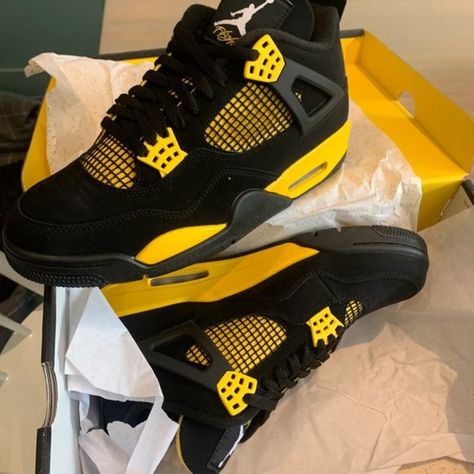 Jordan 4 Yellow thunder Yellow Shoes Jordans, Yellow Jordan 4’s, Black And Yellow Jordan 4s Outfit, Yellow Jordan 4 Outfit Women, Jordan 4 Black And Yellow, Yellow Thunder 4s Outfit, Yellow Thunder 4s Jordans Outfit, Black And Yellow Jordans, Jordans Yellow