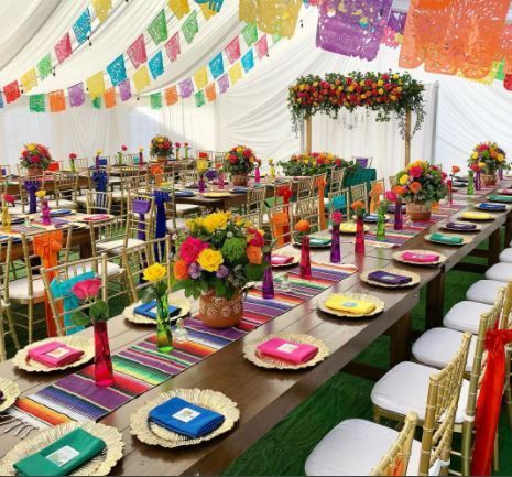 Fiesta Centerpieces Mexican Wedding Table Decor, 70th Birthday Fiesta Theme, Mexican Hacienda Theme Party, Diy Mexican Centerpieces, Encanto Table Decor, Mexican Style Party Decorations, Mexican Centerpieces Fiestas, Mexican Wedding Table Settings, Mexican Table Centerpieces