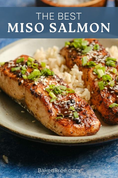 Looking for a delicious and healthy dinner idea? Try this mouthwatering Miso Glazed Salmon recipe! It's a perfect balance of savory and sweet flavors that will satisfy your taste buds Creamy Miso Salmon, Miso Glaze Salmon, Miso Glazed Salmon Recipe, Miso Salmon Recipe, Baked Bree Recipe, Miso Glazed Salmon, Salmon Baked, Miso Salmon, Bbq Salmon