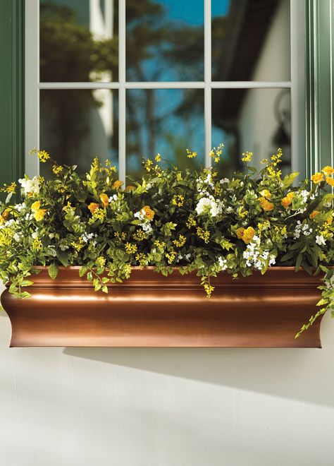 "The ingenuity behind Lena is that you can think beyond the window: blooms and copper add a delightful touch to bare walls and decks, too." — GRANDIN ROAD EDITORS Window Box Ideas, Planter Box Plans, Porch Front Door, Window Planters, Copper Planters, Window Planter Boxes, Unique Planter, Planter Pots Outdoor, Grandin Road