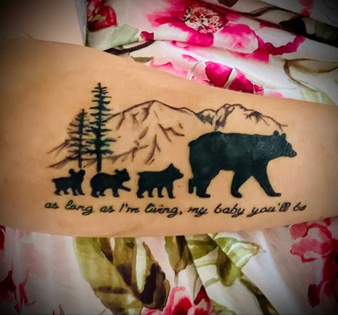 Mama Bear With Three Cubs Tattoo, Momma Tattoos Sons, 3 Bear Cubs Tattoo, Mom And Three Sons Tattoo, Outdoor Family Tattoo Ideas, Mom And Son Bear Tattoo Ideas, Mommy Bear Tattoo, Simple Mama Bear Tattoo, Bear With 3 Cubs Tattoo