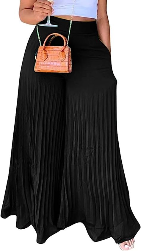 Choichic Women's Casual Loose Fit Plus Size Chiffon Pleated High Waisted Wide Leg Palazzo Pants Trousers Flare Pants with Pockets Black Small at Amazon Women’s Clothing store Chic Dress Classy, Palazzo Trousers, Wide Leg Palazzo Pants, Flowy Pants, Pants With Pockets, Palazzo Pants, Amazon Women, Chic Dress, Pants Trousers