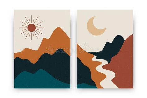 Landscape Boho Art, Boho Acrylic Painting, Mountains Minimalist, Simple Vector Illustration, Posters Modern, Landscape Posters, Boho Background, Boho Painting, Simple Canvas Paintings