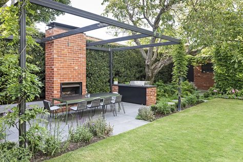 Camberwell Oasis - Ian Barker Gardens Bbq Bench, Wisteria Sinensis, Outdoor Bbq Area, Brick Garden, Outdoor Bbq Kitchen, Pergola Garden, Material Board, Red Brick House, Garden Bbq