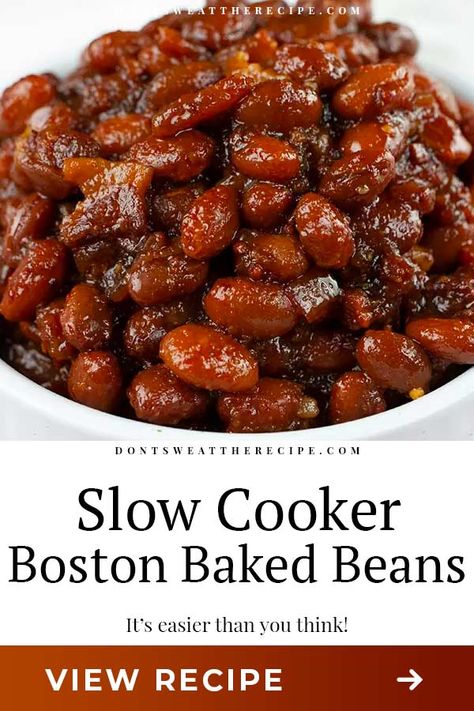 Simmered in molasses makes these Boston Baked Beans dark, sweet, and rich in flavor. Tastier than canned baked beans any day! #summer #recipe #sidedish #grilling Homemade Baked Beans Recipe, Beans Recipe Crockpot, Beans Baked, Baked Beans Crock Pot, Canned Baked Beans, Slow Cooker Baked Beans, Best Baked Beans, Molasses Recipes, Homemade Baked Beans