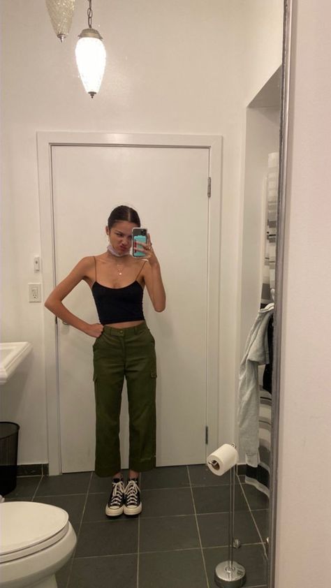 Liv Rodrigo, Fall Outfits Aesthetic, Beaded Crop Top, Movie Aesthetic, Olive Green Pants, Outfit Ideas For Women, Woman Standing, Green Pants, Awesome Things