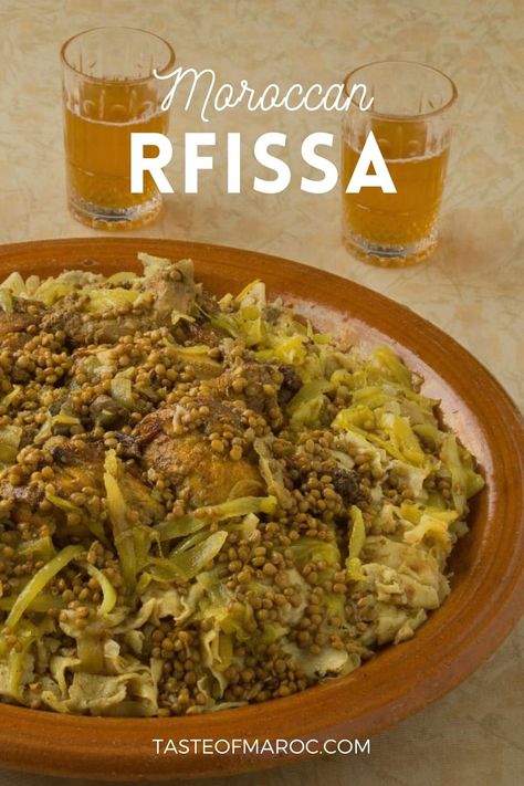 Rfissa is a fabulous, delicious Moroccan chicken, lentil, and onion stew served on a bed of shredded pastry. #moroccanfood #moroccantraditions #rfissa #trid #saffron #fenugreek #chickenrecipes #lentils #moroccanrecipes #comfortfood Moroccan Main Dish, Moroccan Recipes Authentic, Lebanese Recipes Authentic, Chicken And Lentils, Moroccan Foods, Moroccan Chicken Recipe, African Kitchen, Chicken Lentil, Moroccan Recipes