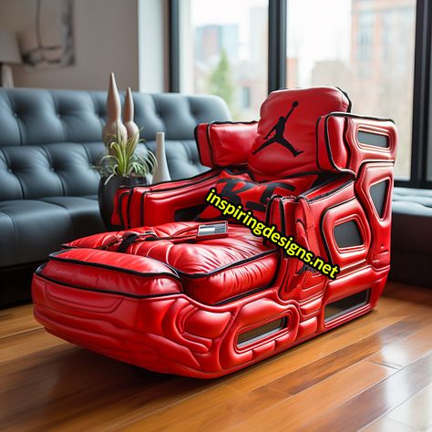 These Air Jordan Sofas and Beds are a Slam Dunk for Sneakerheads Basketball Room Ideas, Shoe Furniture, Basketball Bedroom, Boys Bedroom Themes, Sneakerhead Room, Basketball Room, Amazing Bedroom Designs, Sport Bedroom, Man Cave Room