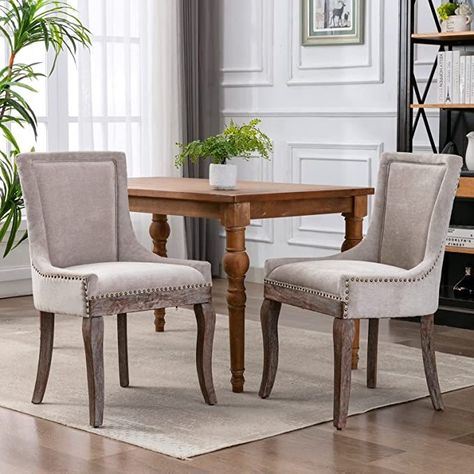 Set of 2 Solid Wood Fabric Upholstered Dining Chair Soft Comfortable Thicken Padded Kitchen Room Chairs Industrial Rustic Wingback Accent Chairs with Nailhead Trim. (Beige) Fabric Chairs, Upholstered Side Chair, Chaise Design, Nail Head, Fabric Dining Chairs, Wood Dining Chairs, Dining Room Bar, Kitchen & Dining Chairs, Furniture Dining Chairs