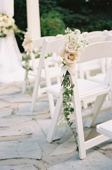 Wedding Aisle Decorations Outdoor, Wedding Ceremony Chairs, Wedding Aisle Outdoor, White Folding Chairs, Southern Summer, Ceremony Chairs, Wedding Chair Decorations, Summer Garden Wedding, Aisle Flowers