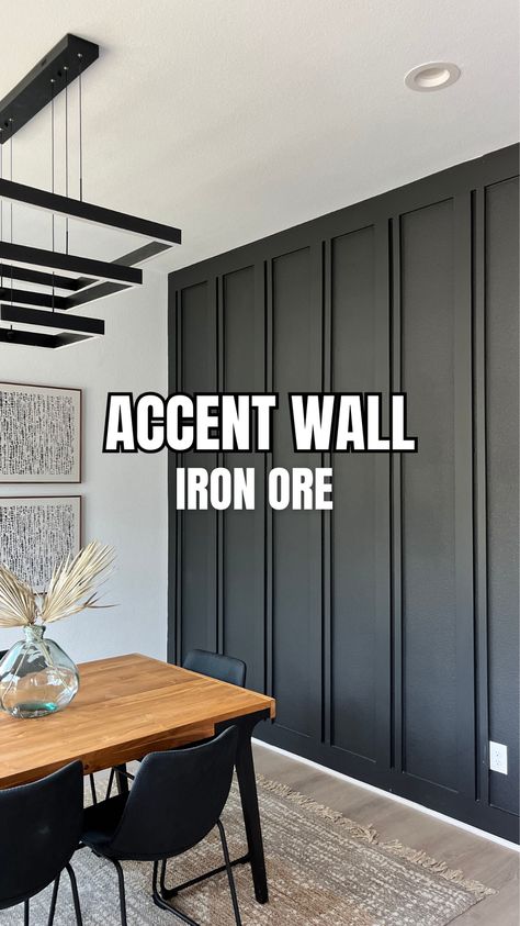 The easiest DIY Accent wall so far! This modern dinning room now has an eye catching accent wall with eggshell Iron Ore paint. Iron Ore Accent Wall, Iron Ore Paint, Dining Room Feature Wall, Brown Leather Furniture, Dining Area Decor, Dining Room Accent Wall, Black Feature Wall, Grey Accent Wall, Batten Wall