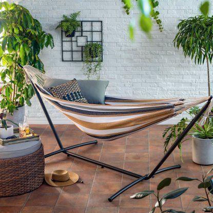 Island Bay Brown/Black Stripe 9 ft. Single Hammock with Metal Stand | Hayneedle Affordable Outdoor Furniture, Indoor Hammock, Portable Hammock, Hammock Accessories, Hammock Bed, Double Hammock, Hammock Stand, Balcony Furniture, Metal Stand