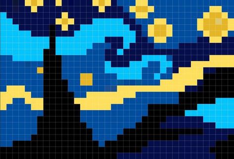 Van Gogh Pixel Art, Starry Night Pixel Art, Book Pixel Art, Pixel Art Facil, فنسنت فان جوخ, Pixel Quilting, Graph Crochet, Easy Pixel Art, Pixel Drawing