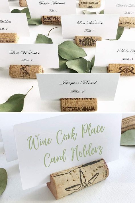 Wine Cork Place Card Holders, Cork Place Card Holders, Simple Wedding Table Decorations, Wine Cork Table, Wine Cork Place Card Holder, Wine Cork Wedding, Cork Wedding, Wedding Reception Dinner, Place Card Holders Wedding