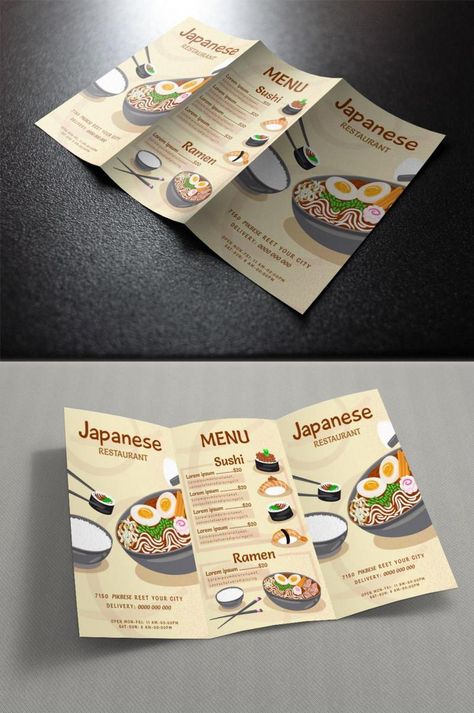 Food Brochure Design Creative, Brochure Design Food, Japanese Restaurant Menu, Food Brochure, Leaflet Layout, Menu Sushi, Restaurant Brochures, Brochure Food, Packaging Illustration