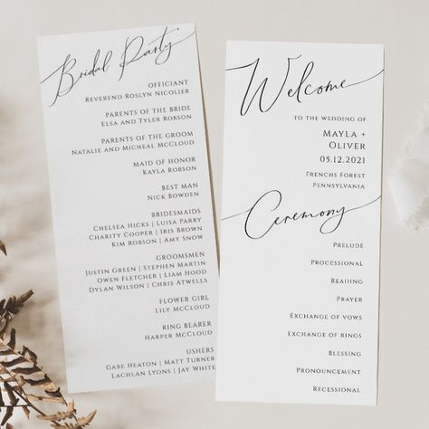 Church Order Of Service, Wedding Program Examples, Whimsical Minimalist, Modern Boho Wedding, Boho Wedding Ceremony, Handwritten Calligraphy, Wedding Ceremony Programs, White Minimal, Calligraphy Lettering