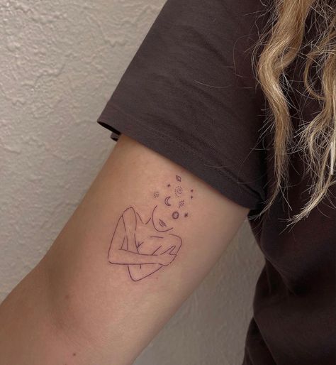 Busy Mind Tattoo, Self-love Tattoo Ideas, Self Love Tattoo, Galaxy Tattoo, Elbow Tattoos, Petite Tattoos, Space Tattoo, Classy Tattoos, Line Art Tattoos