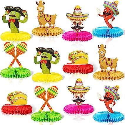 It's time to unleash the fiesta spirit and take your party to the next level with our Mexican party decorations! Dive into a world of vibrant colors, playful patterns, and festive accents that will instantly transform your space. Decorate your walls with traditional papel picado banners, set the table with colorful serape table runners, and hang up charming piñatas for an interactive and delightful experience. Taco Fest, Mexican Fiesta Party Decorations, Kids Party Centerpieces, Honeycomb Table, Fiesta Table, Mexican Fiesta Party, Fiesta Party Decorations, Den Mrtvých, Table Centerpiece Decorations