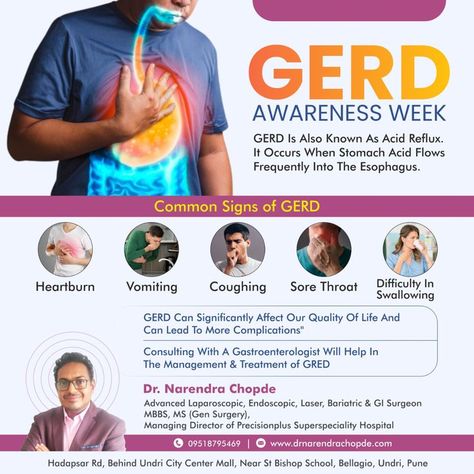 GERD is a curable disease, but most of the time people don't know they are suffering from Gastroesophageal reflux disease or chronic acid reflux because its Common signs and symptoms such as Heartburn, Chest pain, Nausea, and Bloating are associated with many other conditions to learn more about the symptoms associated with GERD consult our expert @ +91 9518795469 Read More: https://www.drnarendrachopde.com/book-an-appointment/ Reflux Disease, General Surgery, Stomach Acid, Chest Pain, Sore Throat, Acid Reflux, Signs And Symptoms, Surgery, Disease