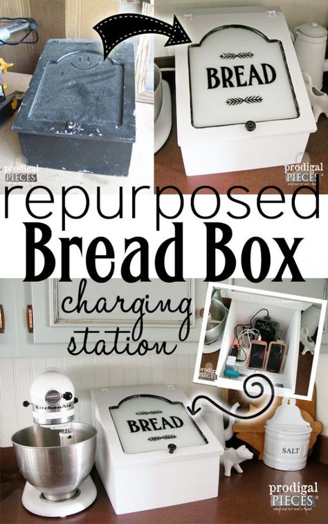 Farmhouse Style Repurposed Bread Box turned Charging Station by Prodigal Pieces | prodigalpieces.com Other Uses For Bread Boxes, Breadbox Ideas, Breadbox Makeover, Vintage Bread Boxes, Upcycled Projects, Upcycle Repurpose, Bread Boxes, Bread Box, Repurposed Furniture